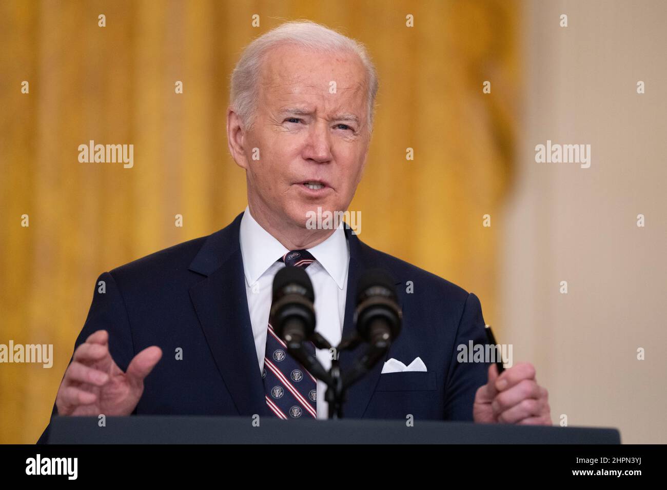 United States President Joe Biden provides an update to the American people on the situation in Russia and Ukraine from the East Room of the White House in Washington, DC on Tuesday, February 22, 2022.Credit: Chris Kleponis/Pool via CNP /MediaPunch Stock Photo