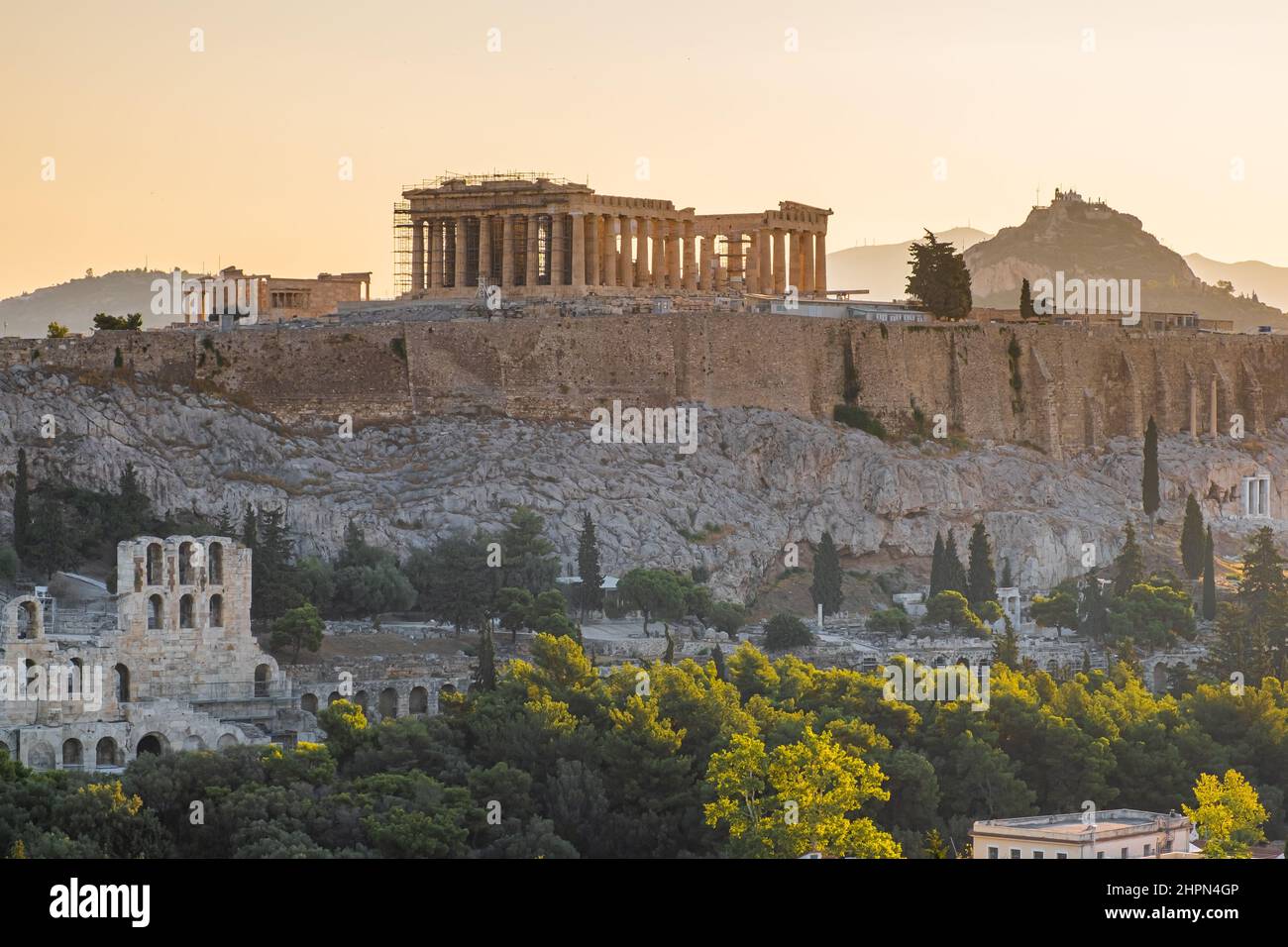 View of Acropolis at sunrise from Plaka rooftop, Athens, Greece Stock