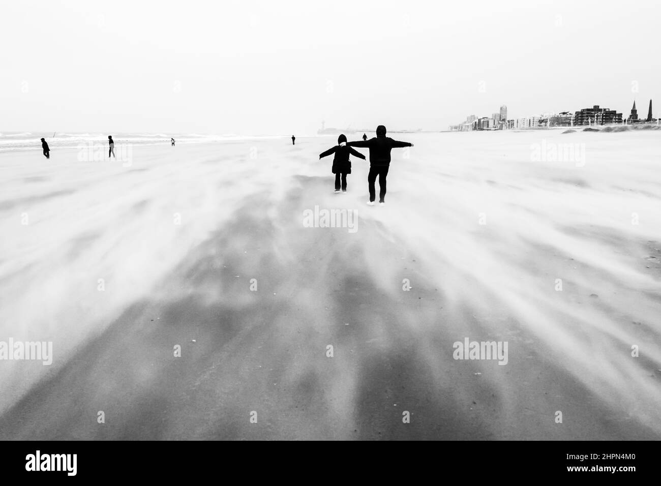 sanstorm on the beach of Scheveningen - black and white photo Stock Photo