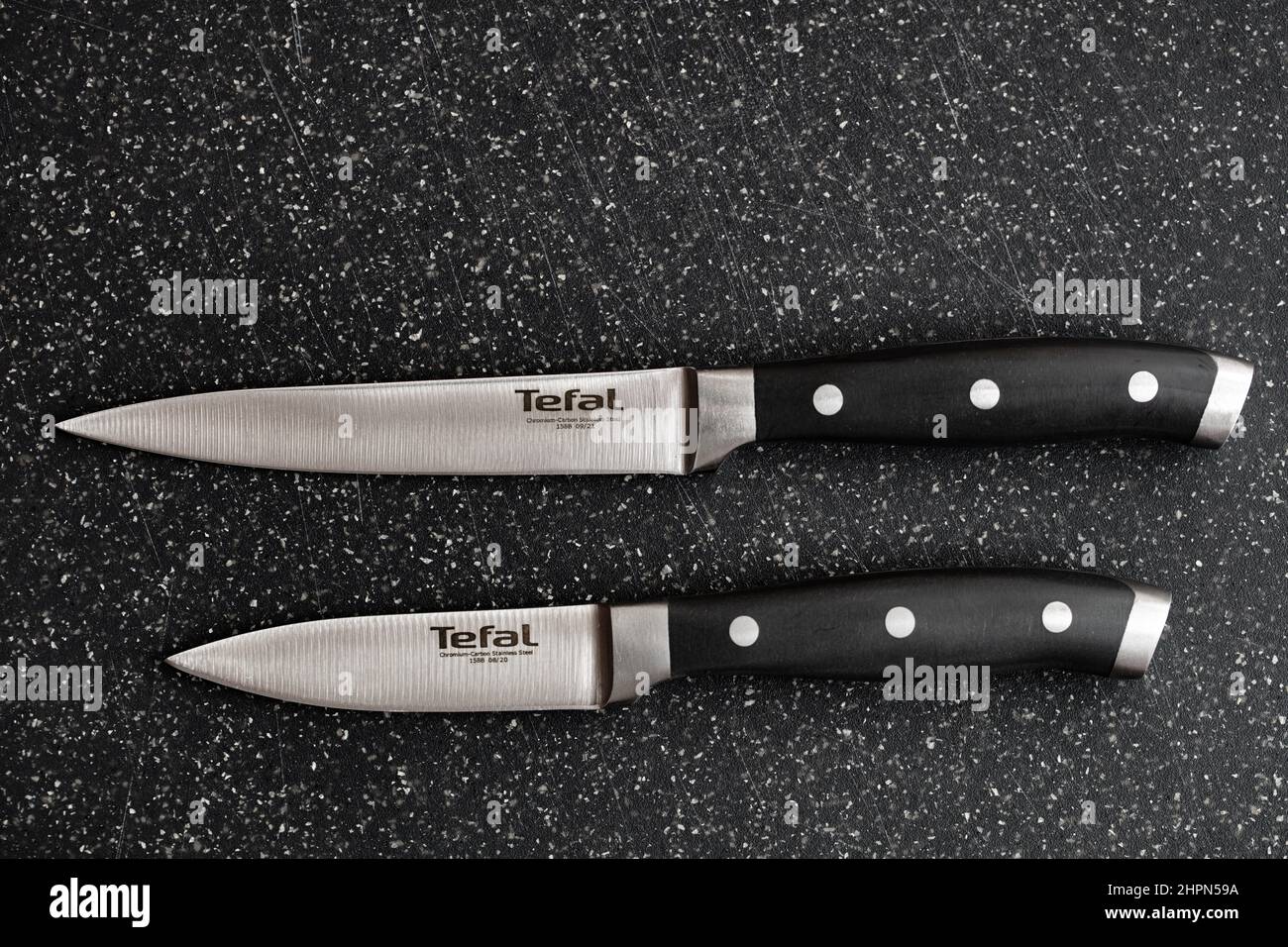 Rumilly, France - February 22, 2022: Tefal Character knife on board  background Stock Photo - Alamy