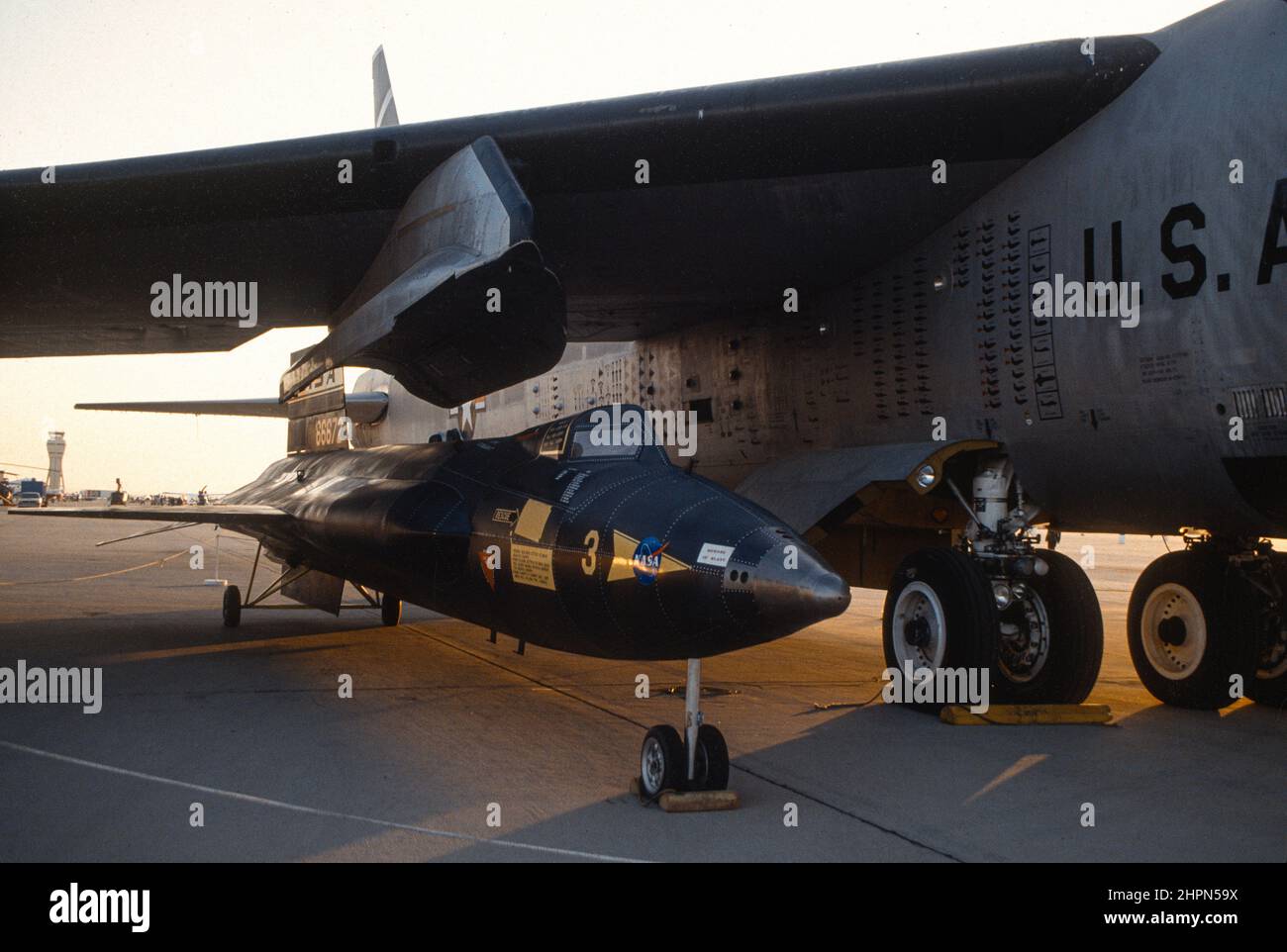 NASA X-15 Number 3 mockup on display at Edwards Air Force base next to NASA B-52 mother ship air drop aircraft. Stock Photo
