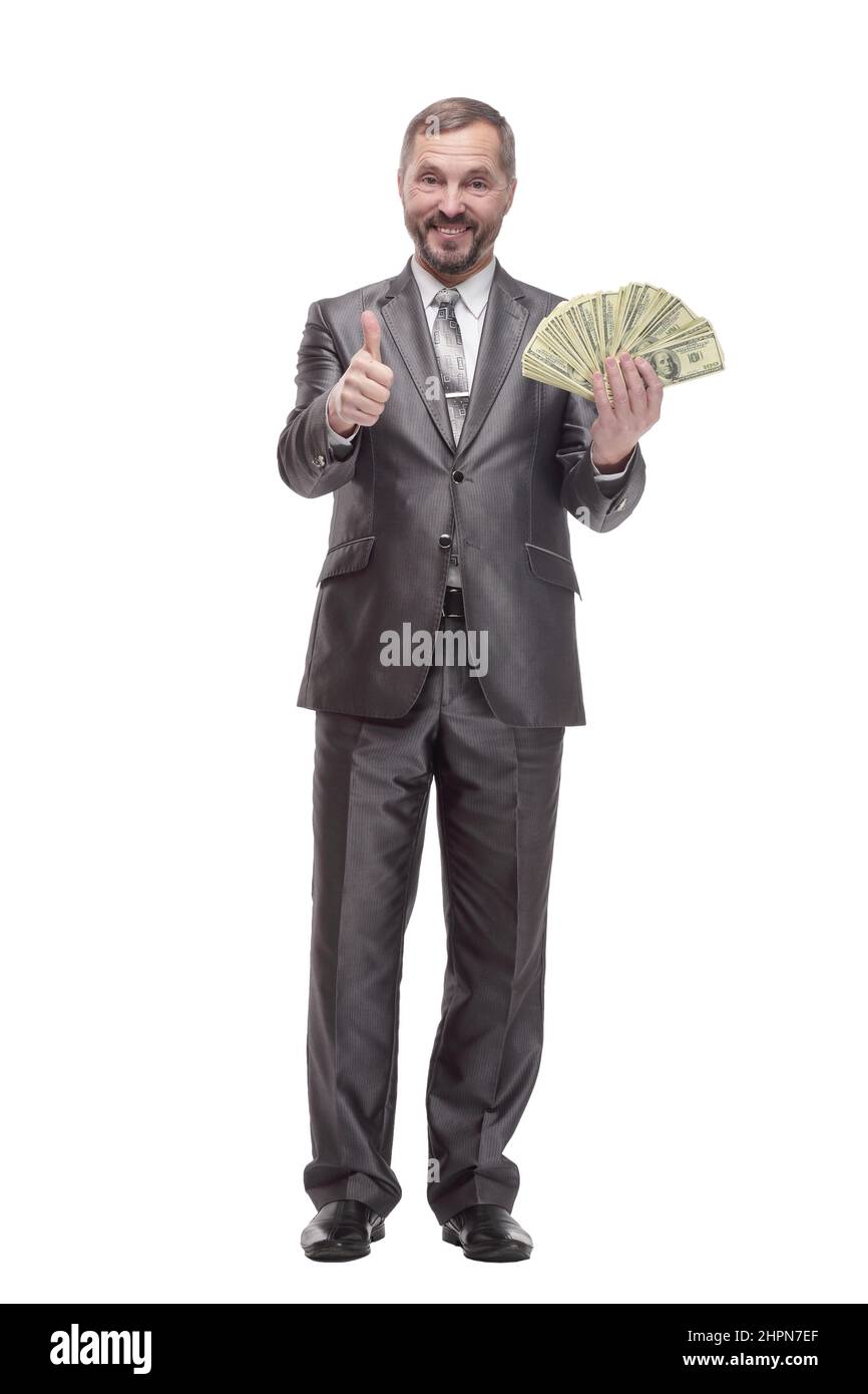 in full growth. happy business man with dollar bills Stock Photo - Alamy