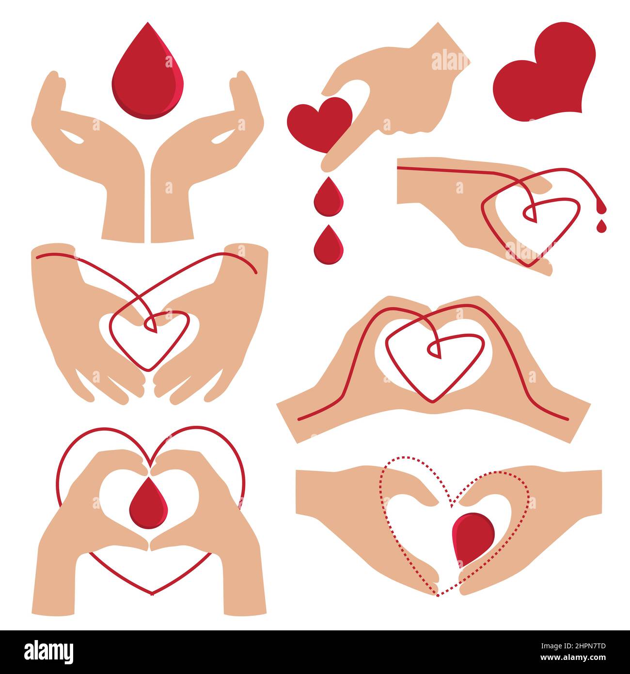 Hands with heart shape on red background illustration,Blood Donation, blood donor background, Medical background. Human donates blood Stock Vector
