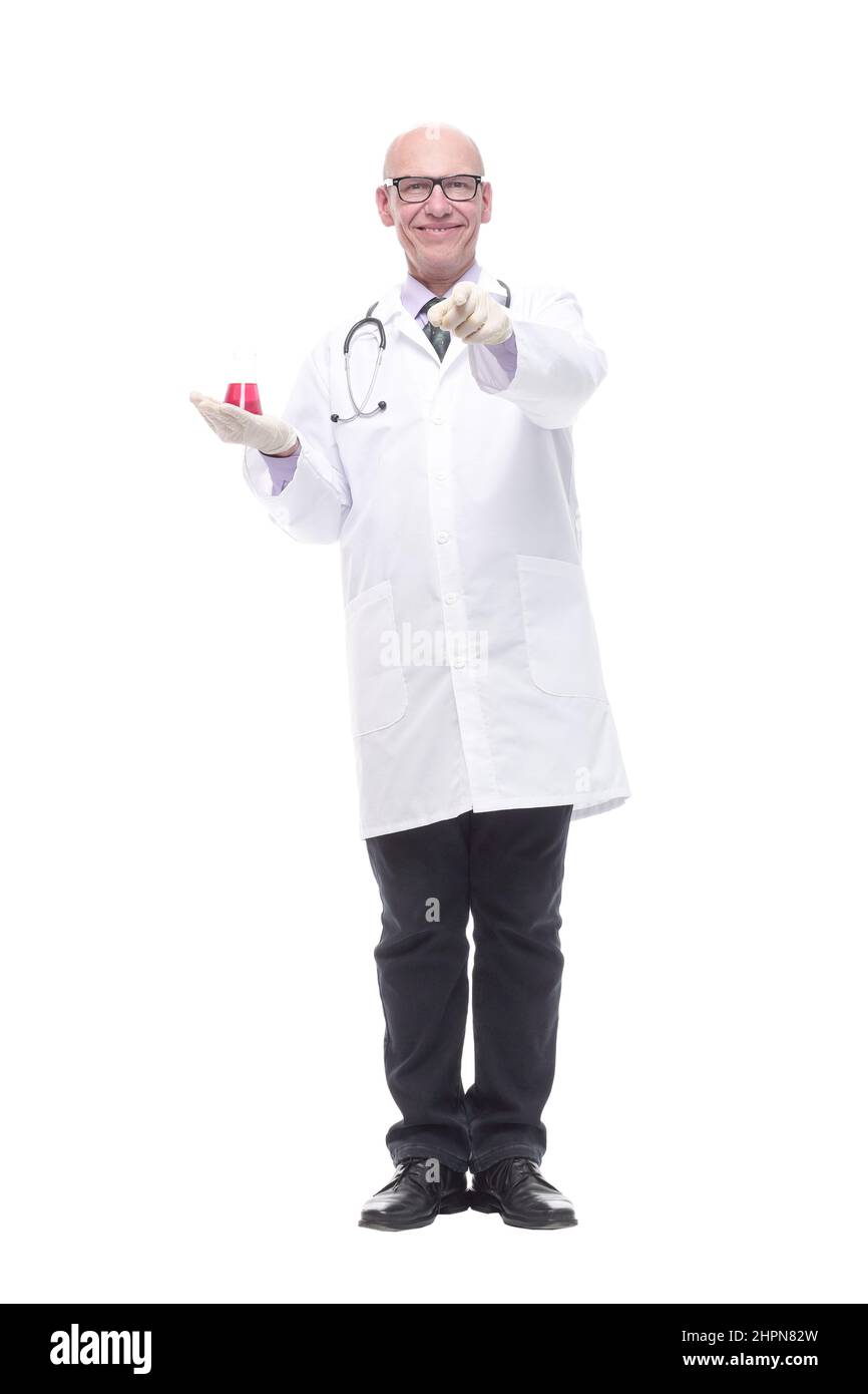 Capable Doctor competent doctor with a laboratory flask. isolated on a white Stock ...