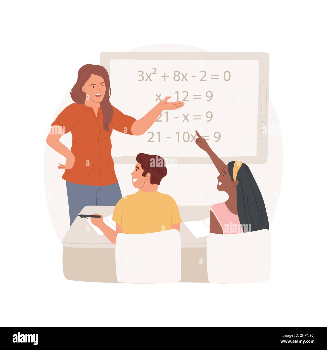 Algebra isolated cartoon vector illustration High school curriculum, graphing equation in a notebook, writing board, math formula homework, teacher in smart classroom, exam vector cartoon. Stock Vector