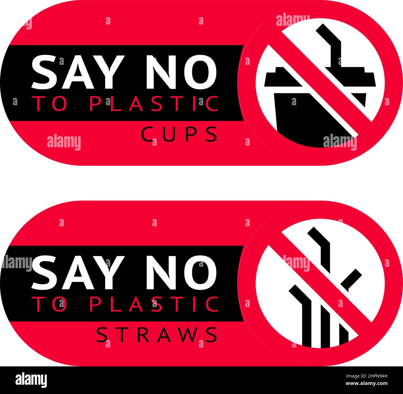 Say no to plastic cups and straws, two red trendy ecological labels for print, vector illustration Stock Vector
