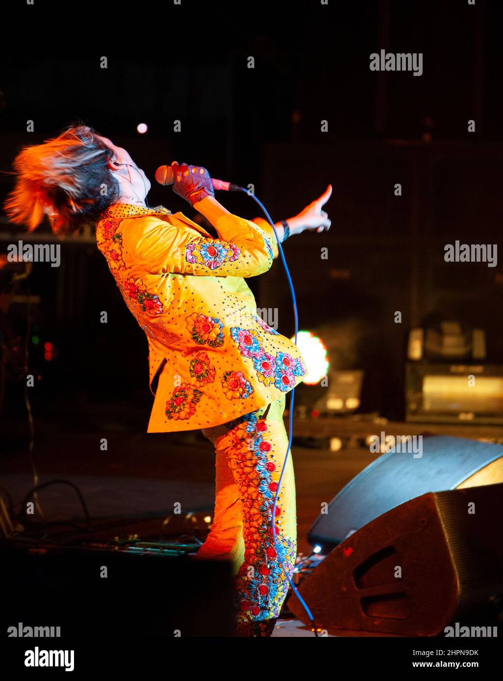 Karen O, lead singer of the group The Yeah, Yeah, Yeah's performs at the Coachella Valley Music and Arts Festival. Stock Photo