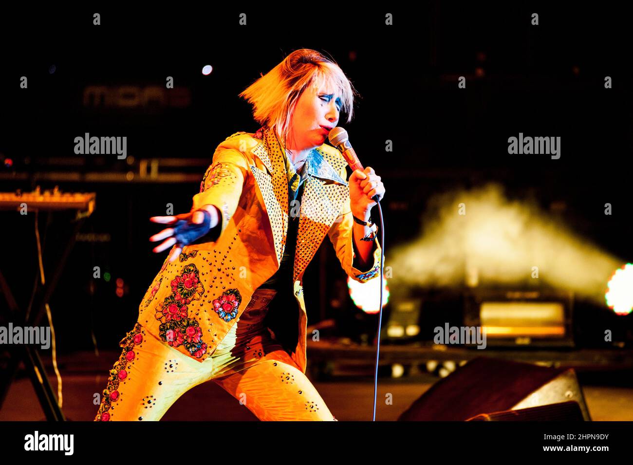 Karen O, lead singer of the group The Yeah, Yeah, Yeah's performs at the Coachella Valley Music and Arts Festival. Stock Photo