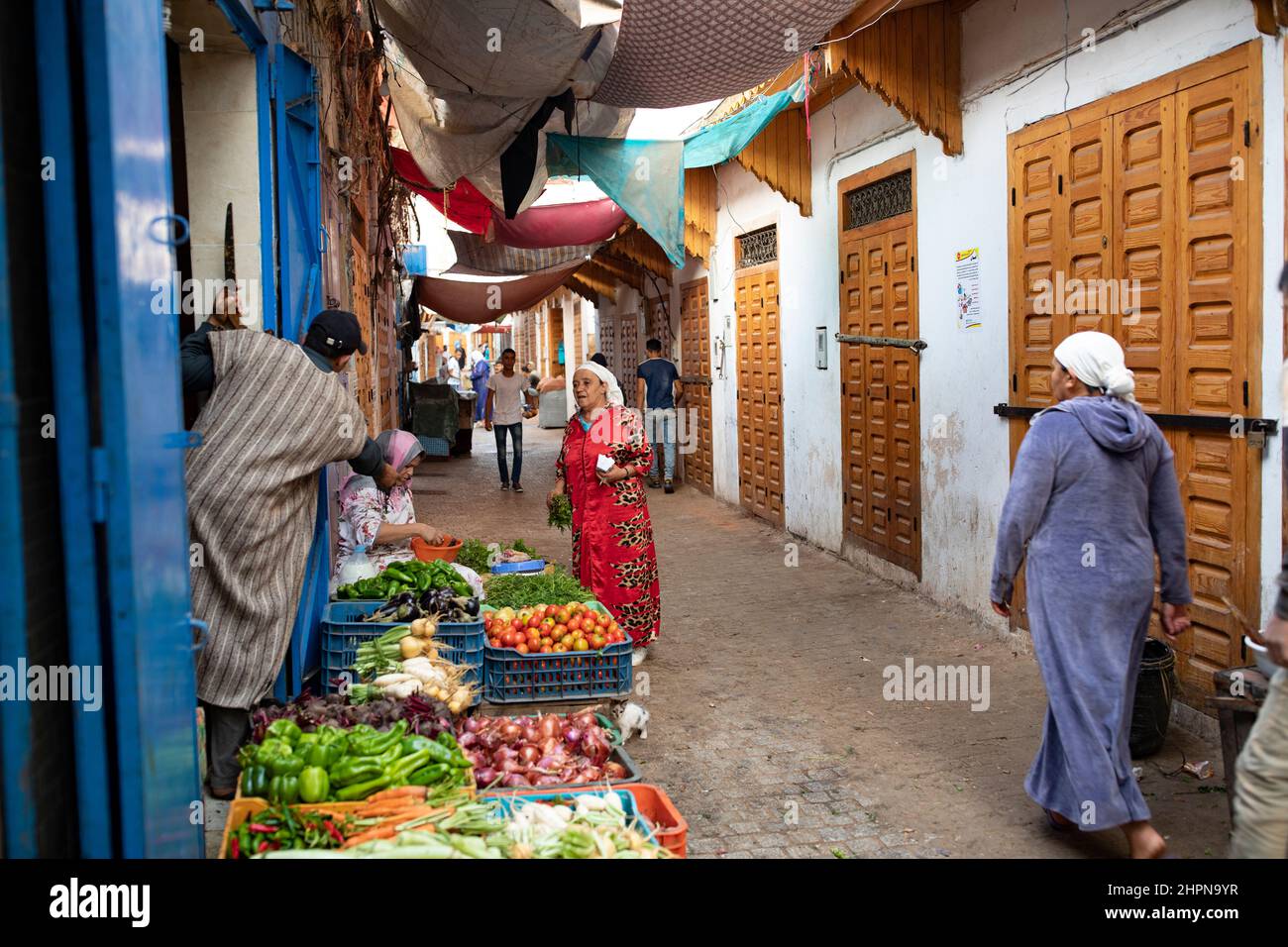 Narrow white-walled streets of the newly-restored Rabat medina in Morocco. Stock Photo