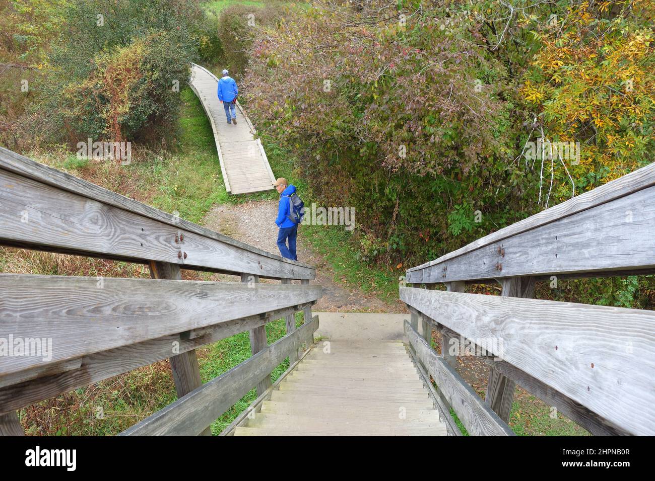 Two Men hiking on the Boardwalk Appalachian National Scenic Hike Trail in New Jersey, USA Stock Photo