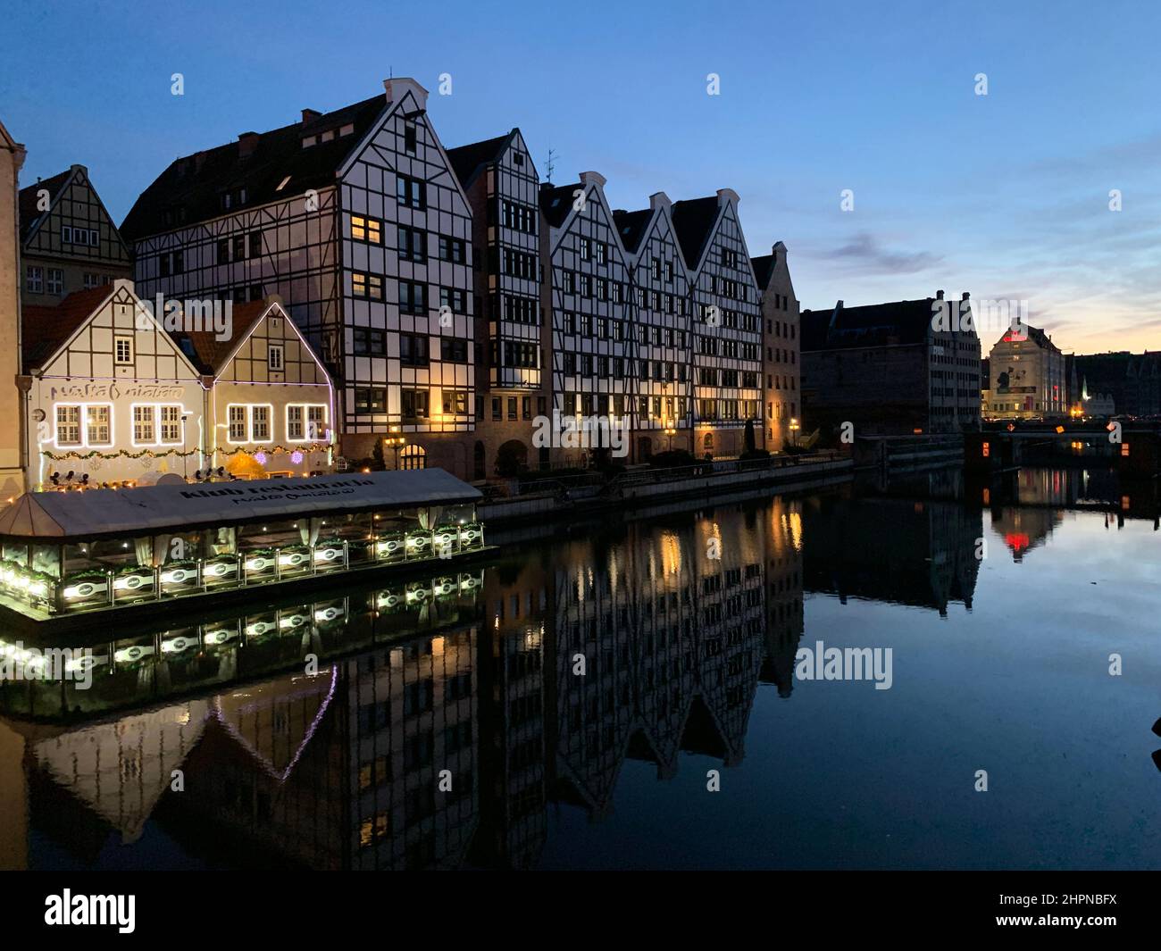 The beauty of the channels of Gdansk during a clear sky night in the north of Poland Stock Photo