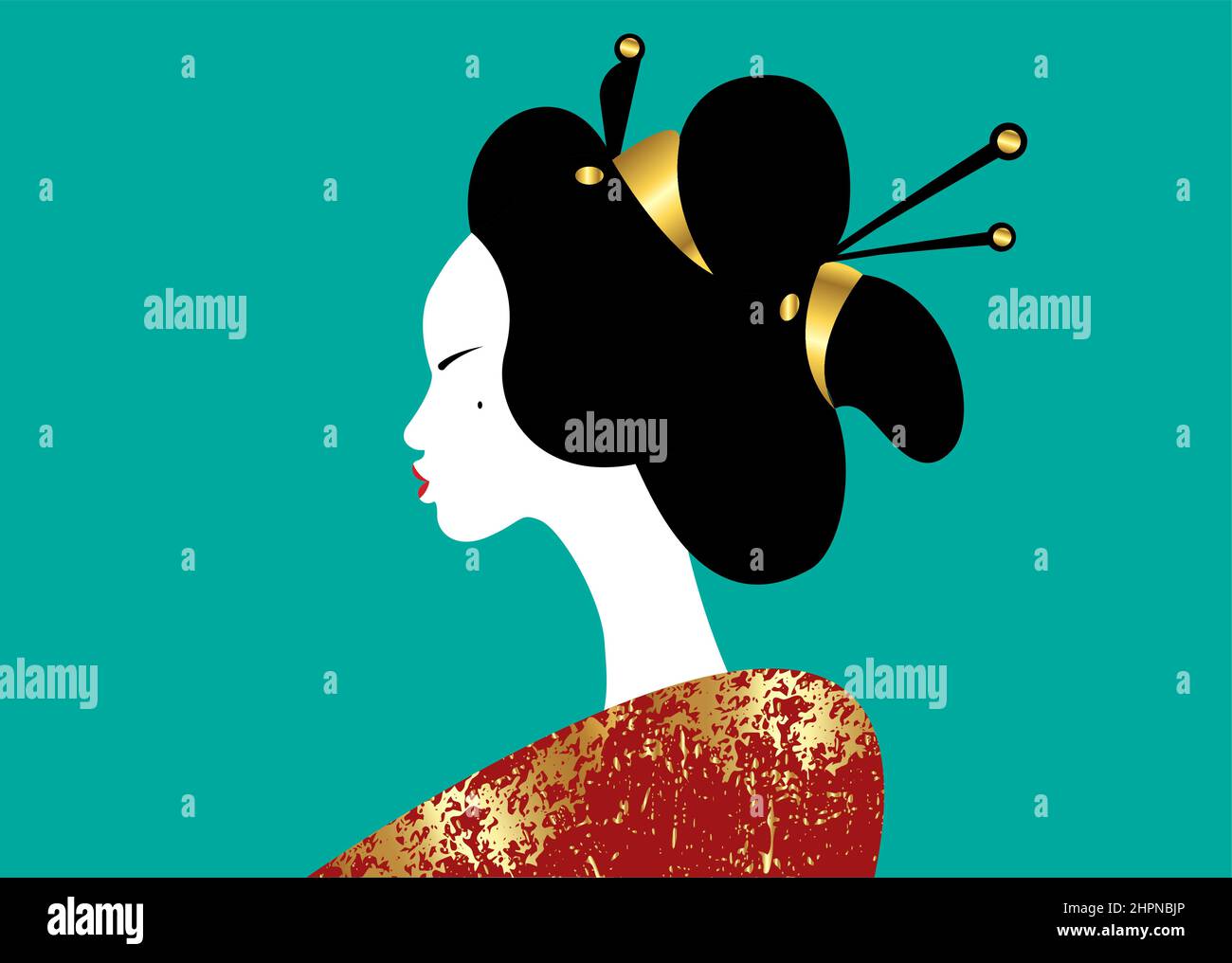 portrait of the young Japanese girl ancient hairstyle. Geisha, maiko, princess. Traditional Asian woman style. Print, poster, t shirt, card. Vector Stock Vector