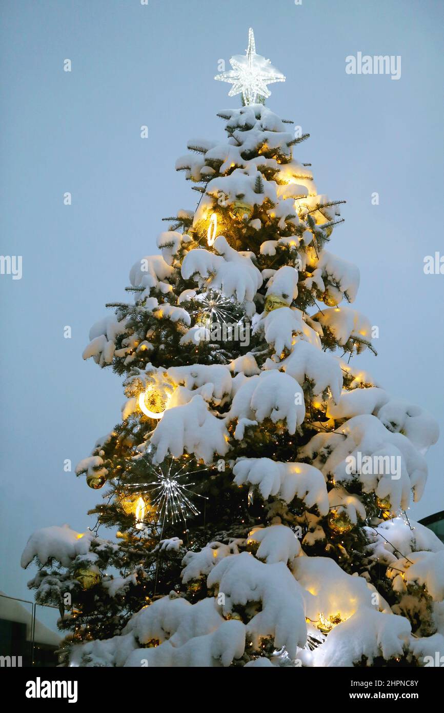 Beautiful Christmas tree with toys and a star on top in the snow photographed close-up Stock Photo