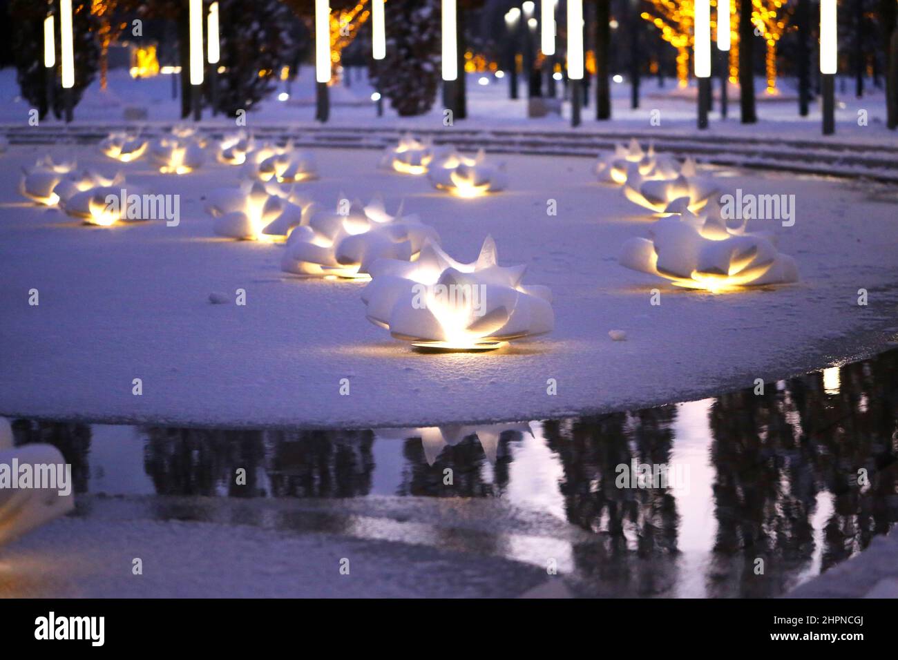 Beautiful white lily flowers lamps on a snow-covered pond among ice and snow Stock Photo