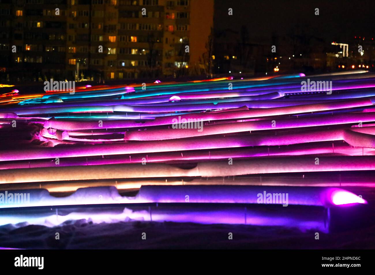 Beautiful multicolored night lighting in Galitsky Park in Krasnodar Stock Photo