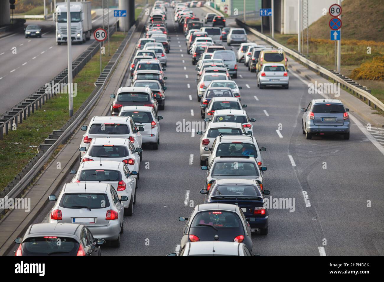 Traffic jam on an express road, several cars waiting in the queue Stock Photo
