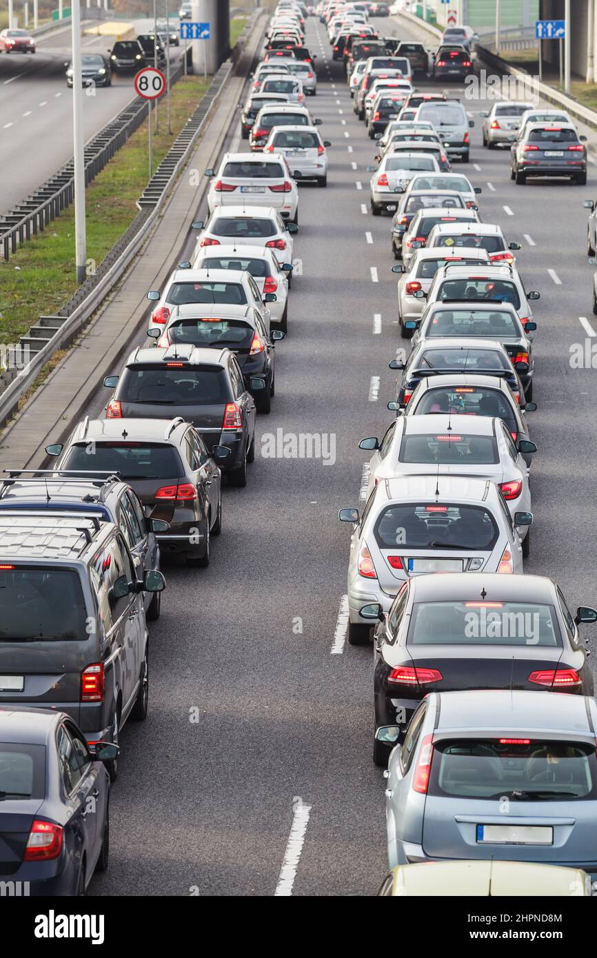 Traffic jam on an express road, several cars waiting in the queue Stock Photo