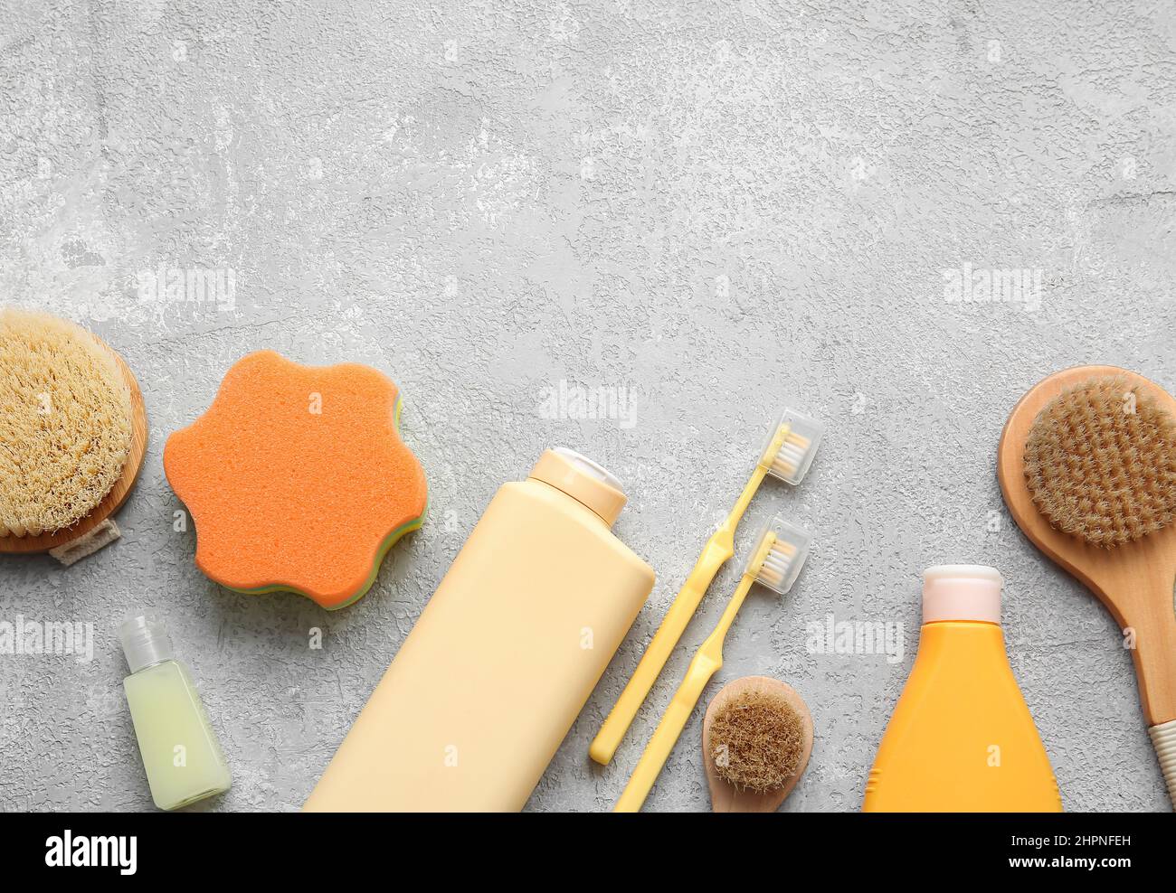 Set of bath accessories and cosmetic products on light background Stock