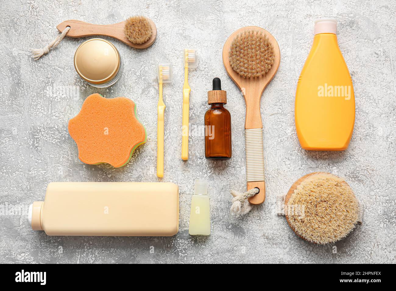 Set of bath accessories and cosmetic products on light background Stock