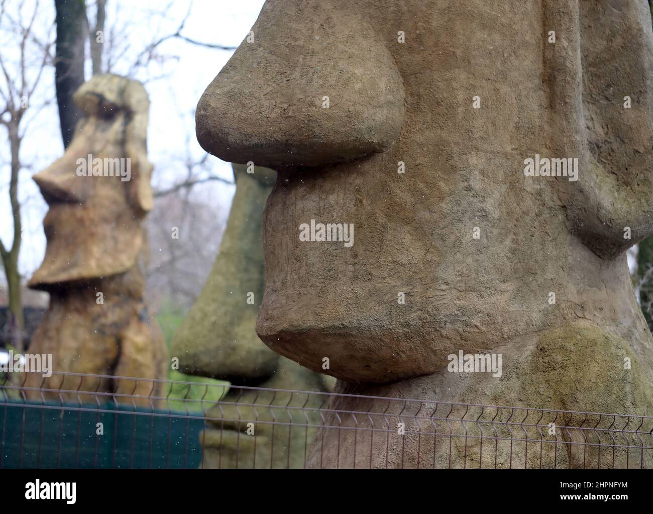 Moai monuments on Easter Island photographed close-up in Krasnodar Safari Park Stock Photo