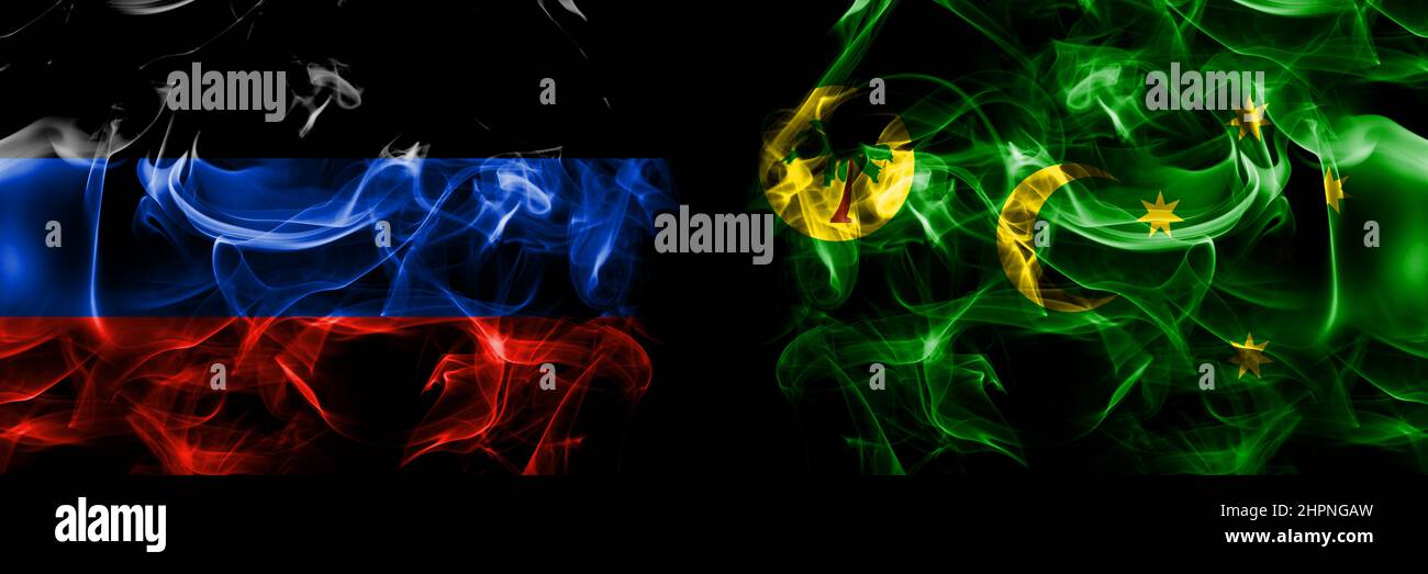 Donetsk People's Republic vs Australia, Australian, Cocos Islands flag. Smoke flags placed side by side isolated on black background. Stock Photo