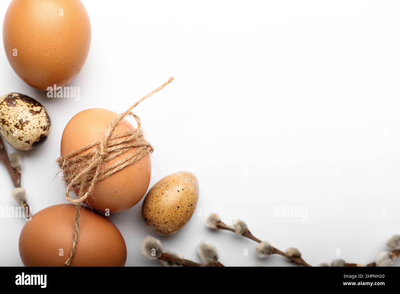 Stylish Easter eggs and willow branches on white background Stock Photo ...