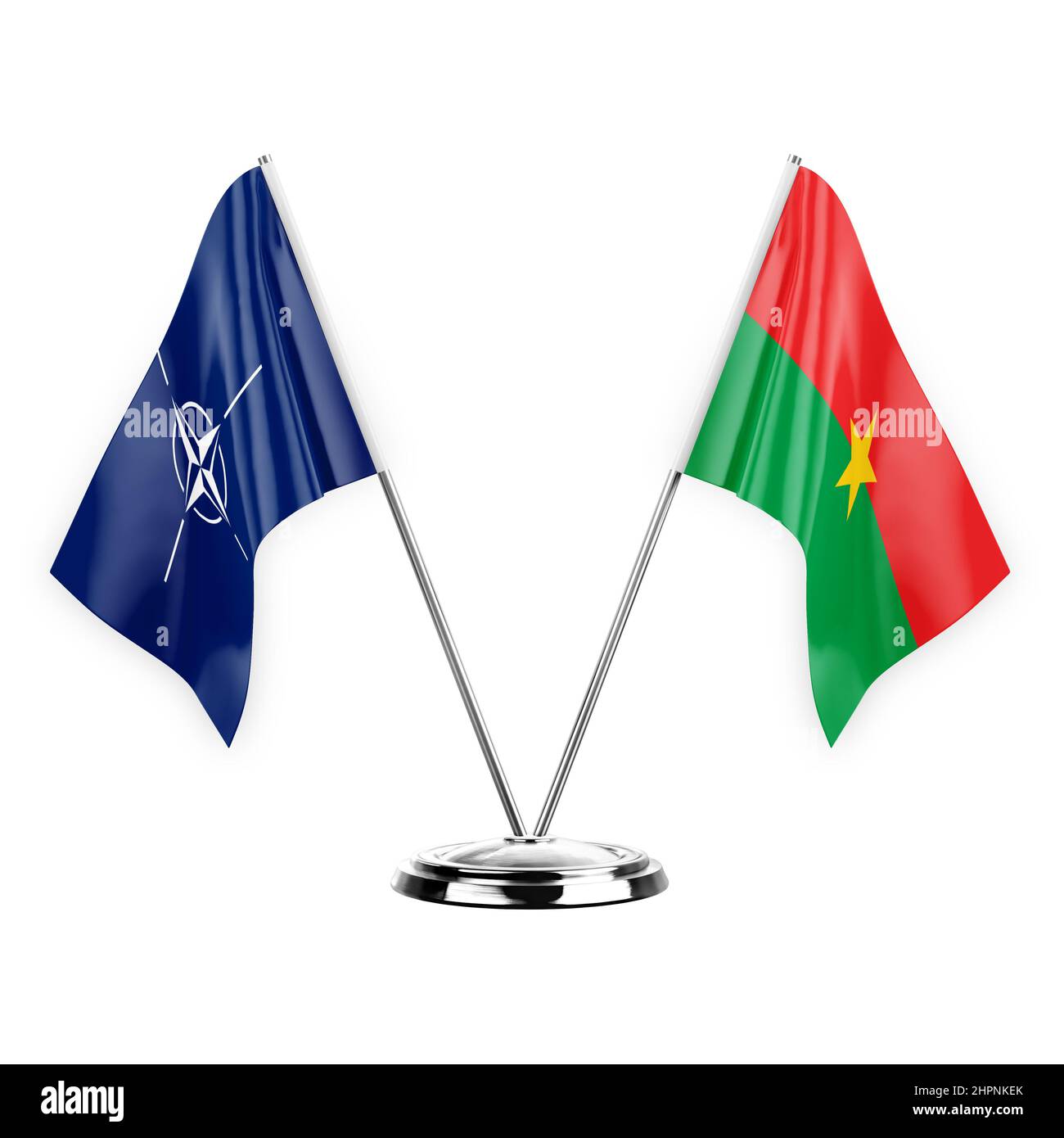 Two table flags isolated on white background 3d illustration, nato and burkina faso Stock Photo
