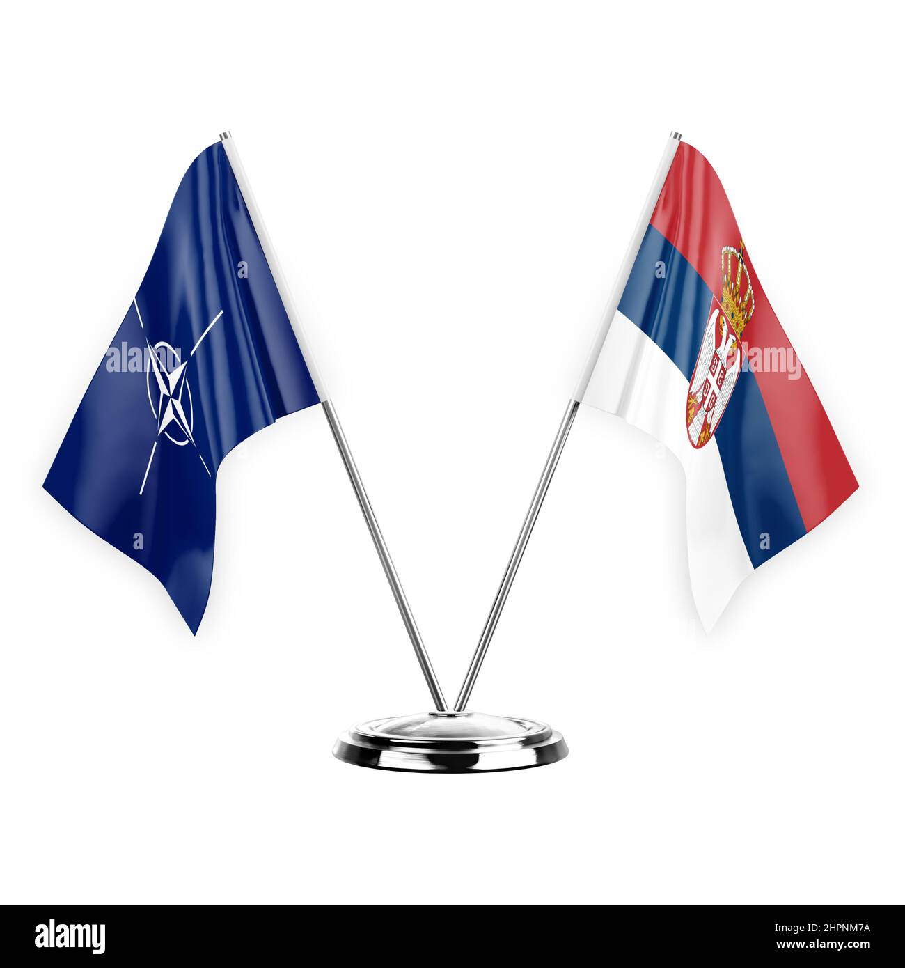 Two table flags isolated on white background 3d illustration, nato and serbia Stock Photo