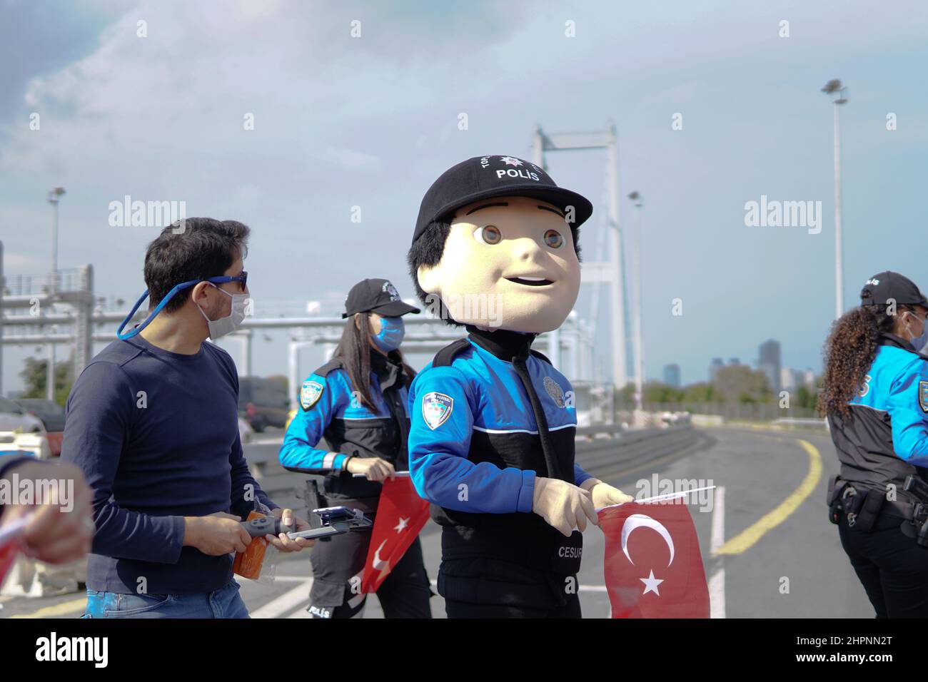 Bosphorus bridge Police Motorcyle at park and police and police maskot check point 2021 Stock Photo