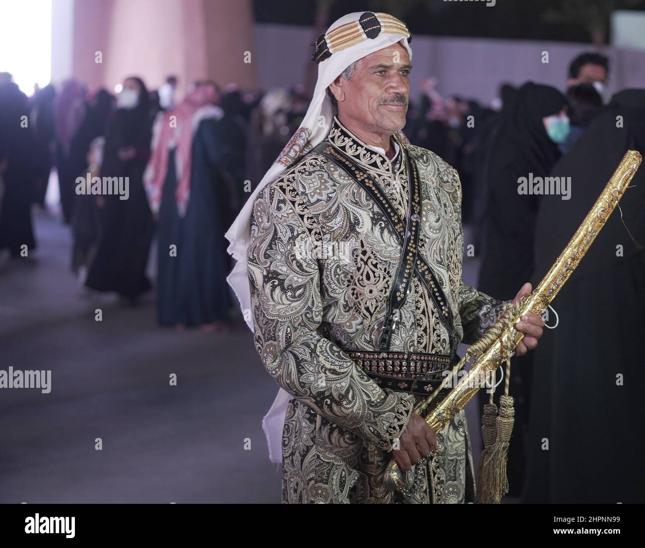 Dammam, Saudi Arabia. 22nd Feb, 2022. A man wearing traditional clothes is seen during the first kingdom's Founding Day celebrations in Dammam, Saudi Arabia, on Feb. 22, 2022. Saudi Arabia on Tuesday marked for the first time ever the kingdom's Founding Day almost three centuries ago. Credit: Mohamed Nasr/Xinhua/Alamy Live News Stock Photo