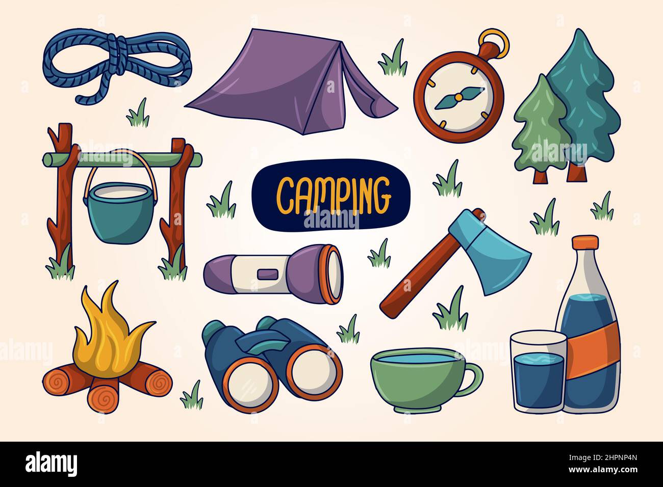 Camping Element set with colored hand drawn lineal doodle design Stock Vector