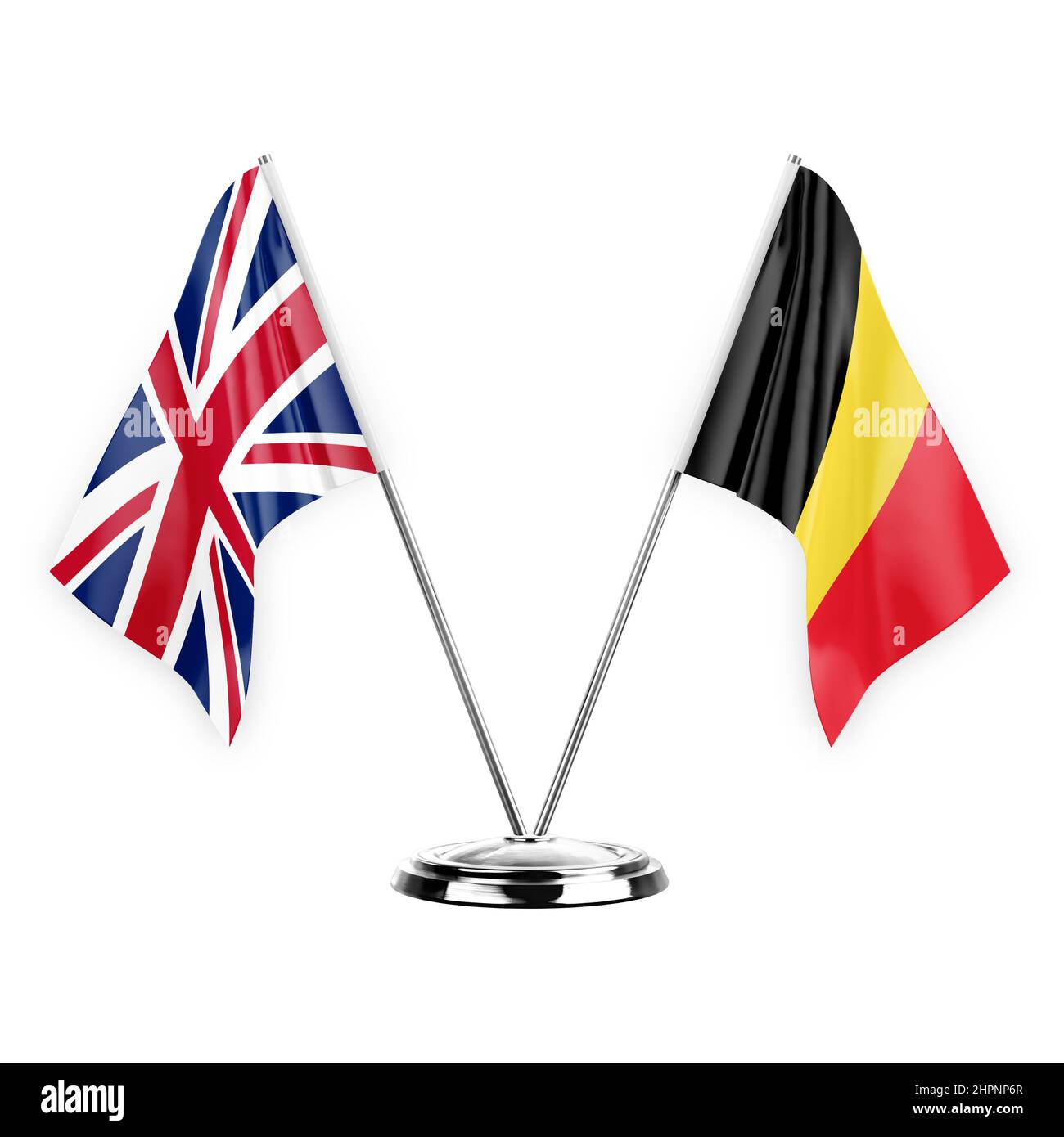 Two table flags isolated on white background 3d illustration, united kingdom and belgium Stock Photo