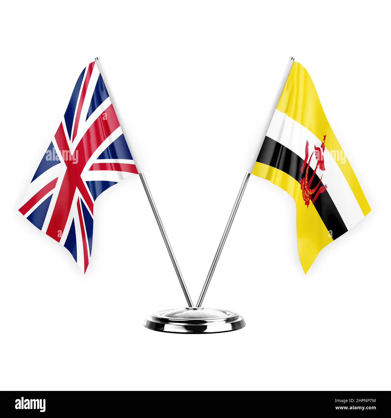 Two table flags isolated on white background 3d illustration, united kingdom and brunei Stock Photo