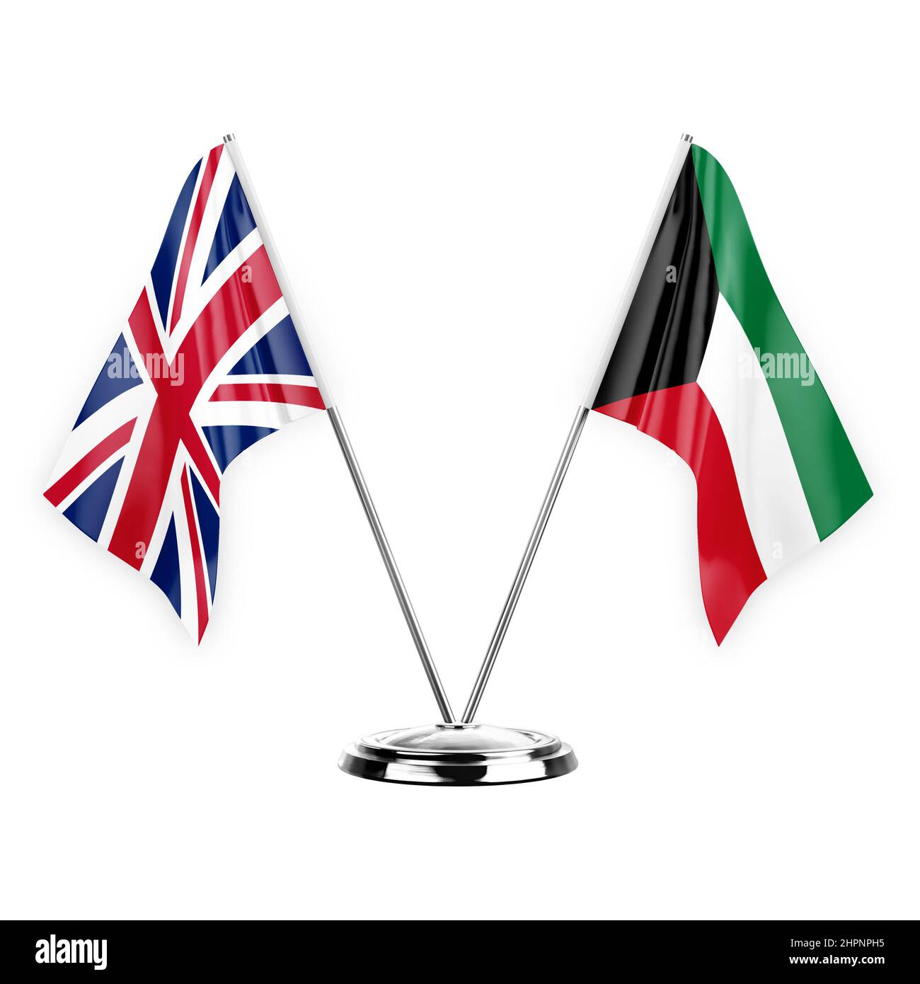 Two table flags isolated on white background 3d illustration, united kingdom and kuwait Stock Photo