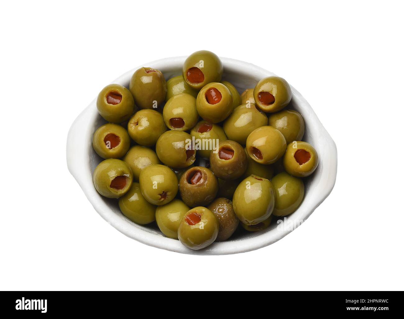 A relish dish filled with green olives stuffed with pimento Stock Photo