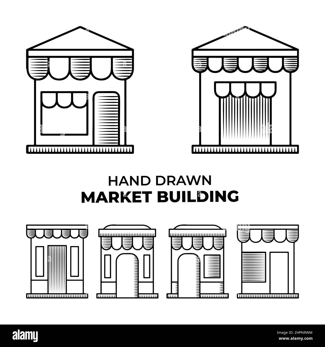 Market store building with hand drawn outline doodle illustration Stock Vector