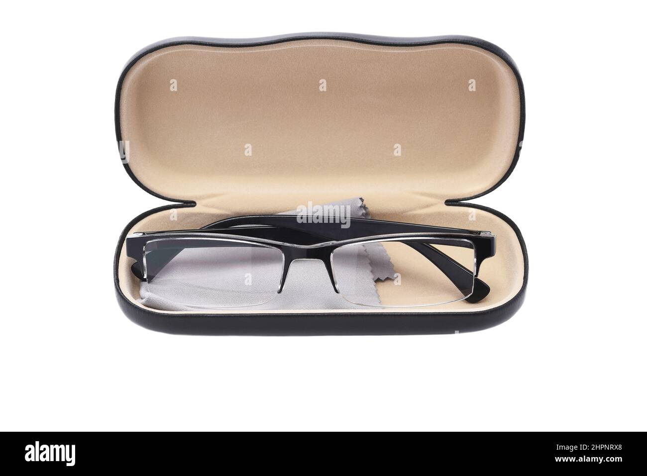 A pair of eye glasses in a hard case with microfiber cloth. Stock Photo