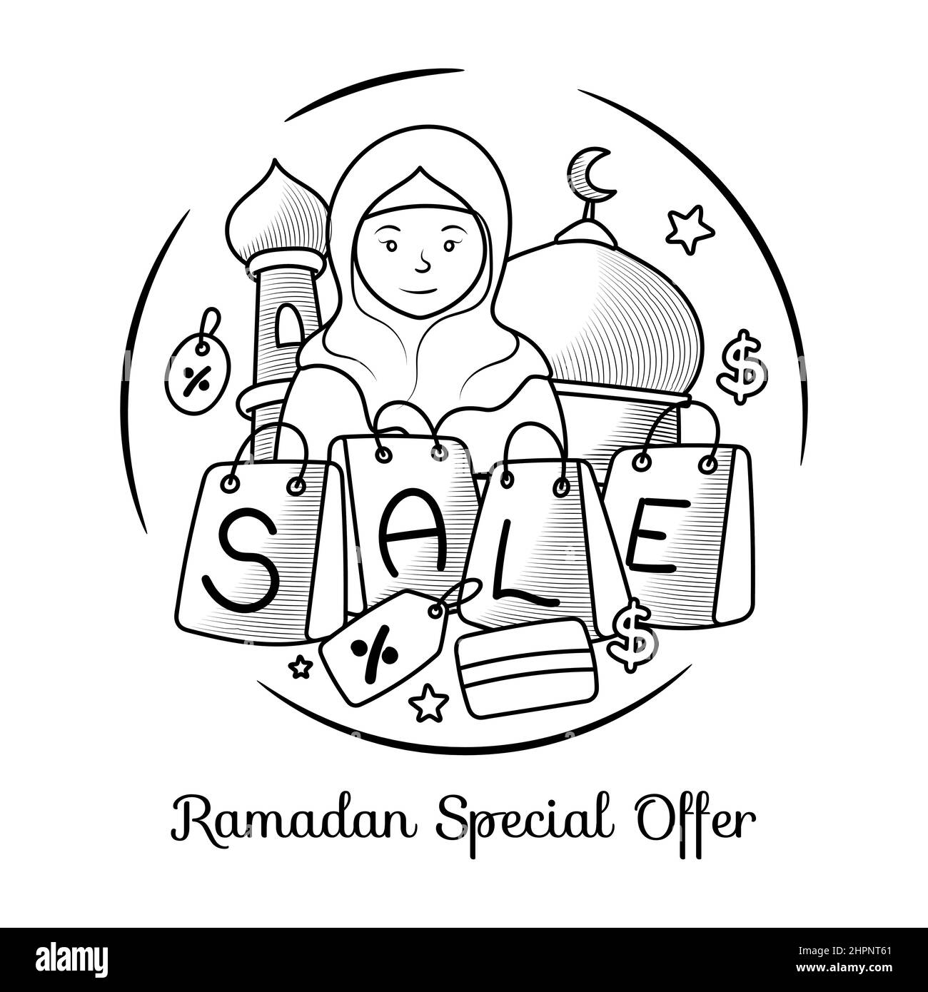 Hand drawn ramadan sale with doodle illustration Stock Vector