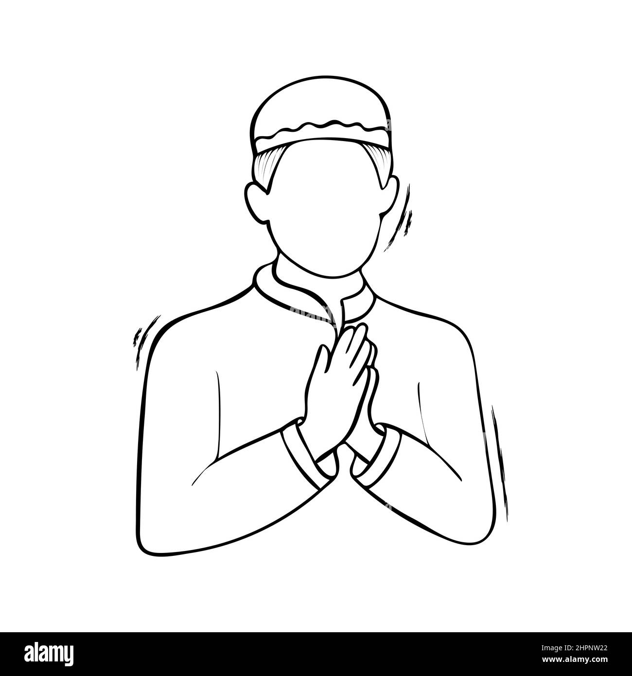 Muslim man greeting, praying with hand drawn sketch vector illustration Stock Vector