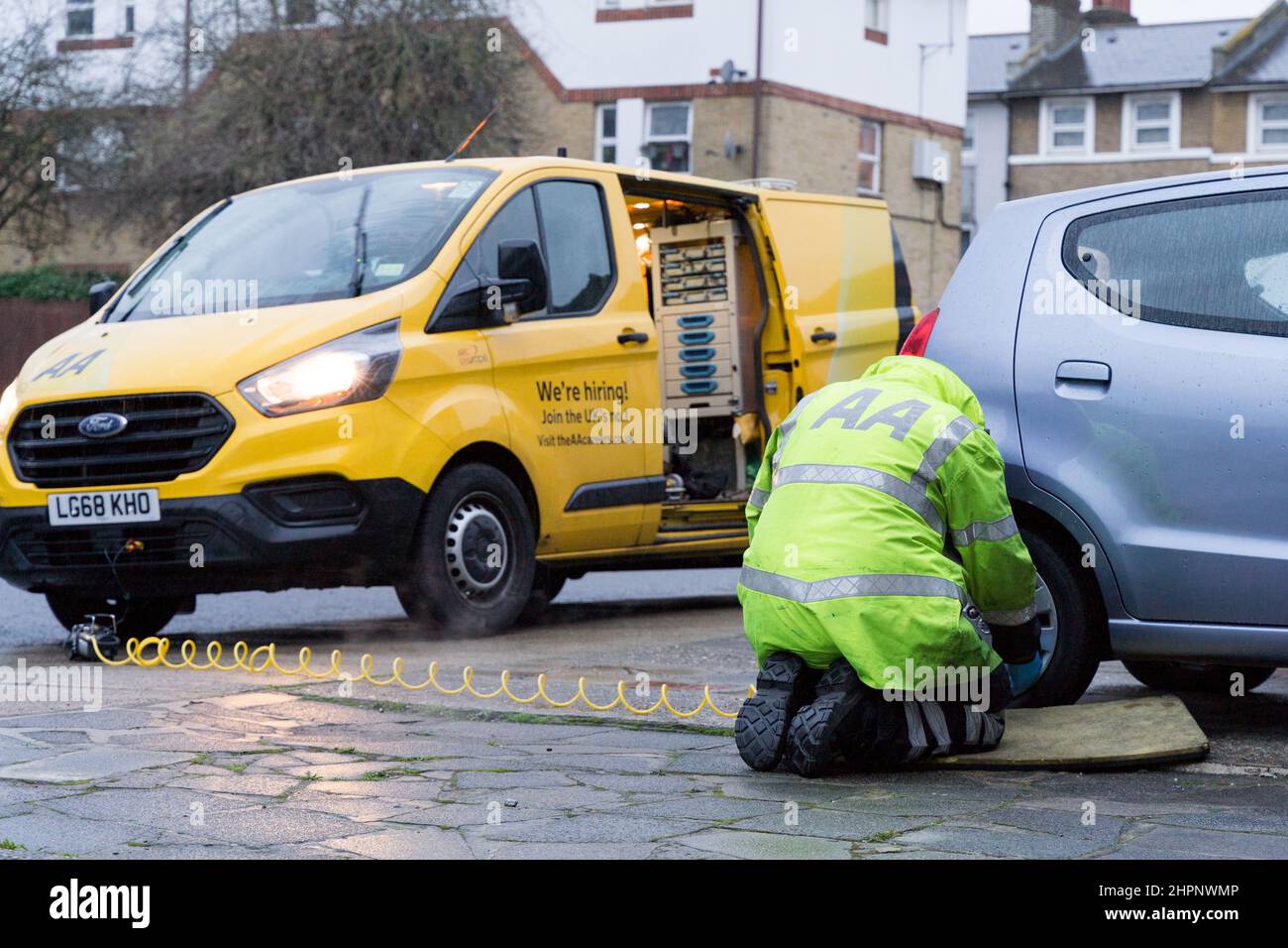 AA engineer attended a car for home start in Greenwich England UK Stock ...