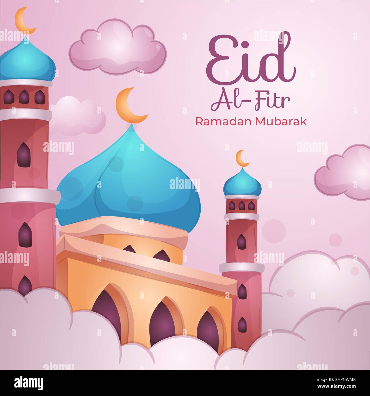 Flat eid al-fitr - eid mubarak mosque with cloud Stock Vector
