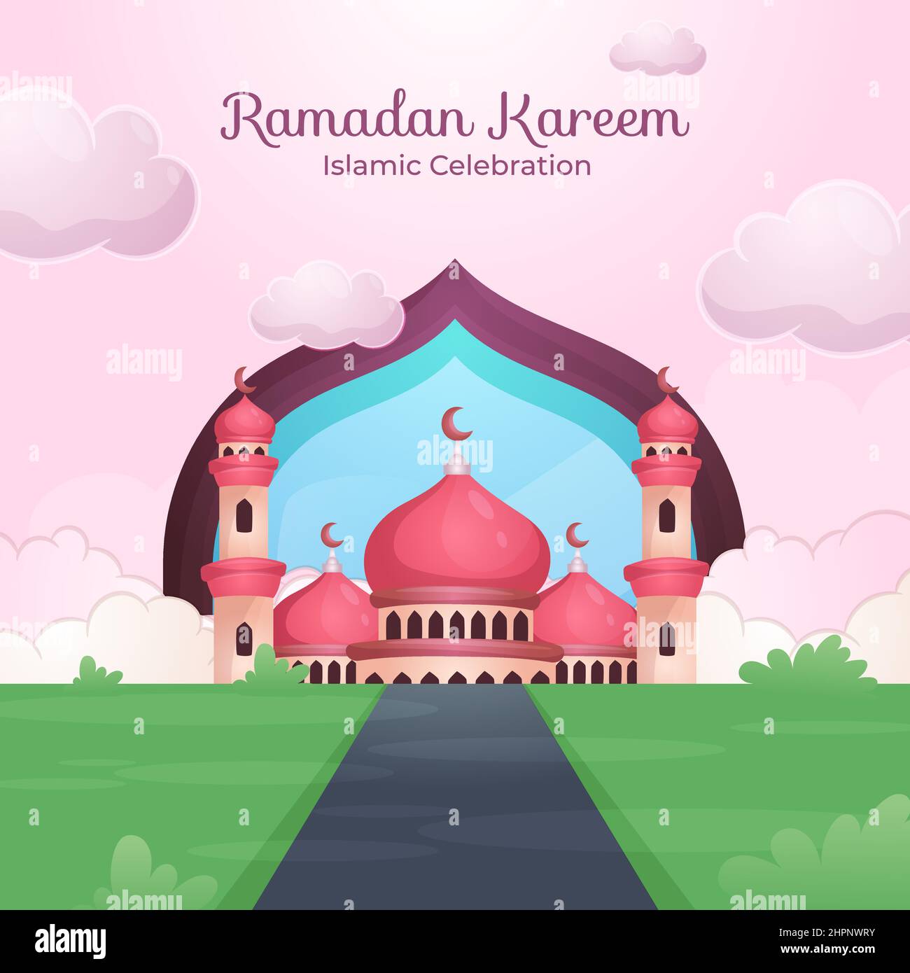 Flat hand drawn eid mubarak mosque with green yard Stock Vector