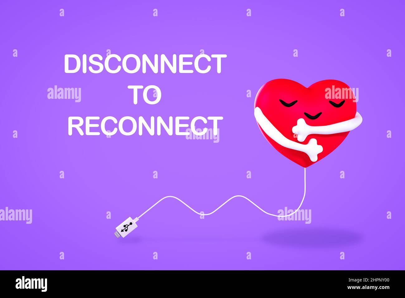 Disconnect to reconnect to yourself, digital detox, heart hugging itself, 3D illustration Stock Photo