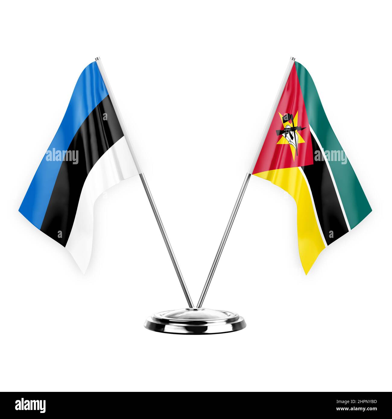 Two table flags isolated on white background 3d illustration, estonia ...