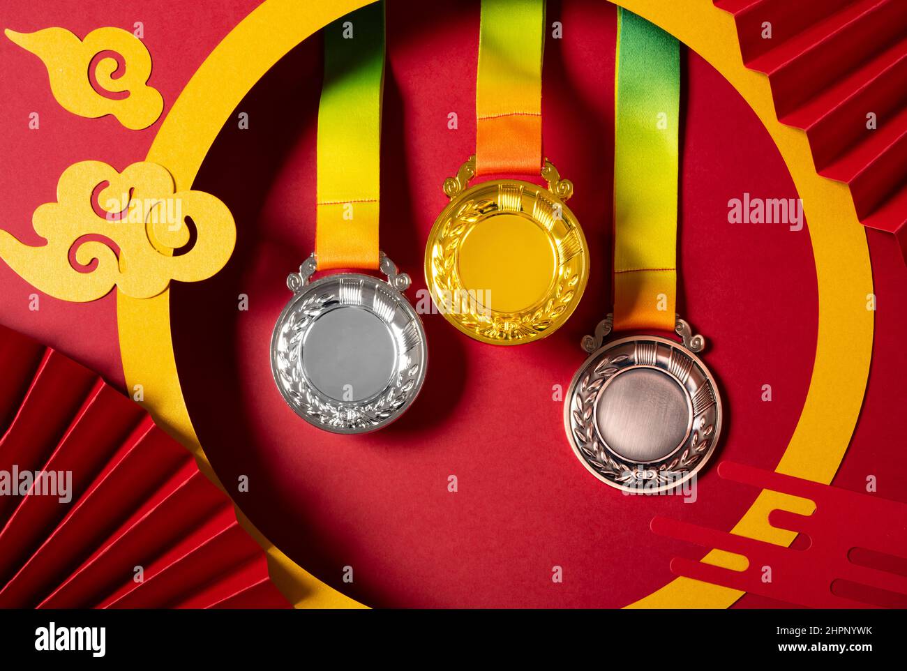 set of gold silver and bronze award medals with Chinese style