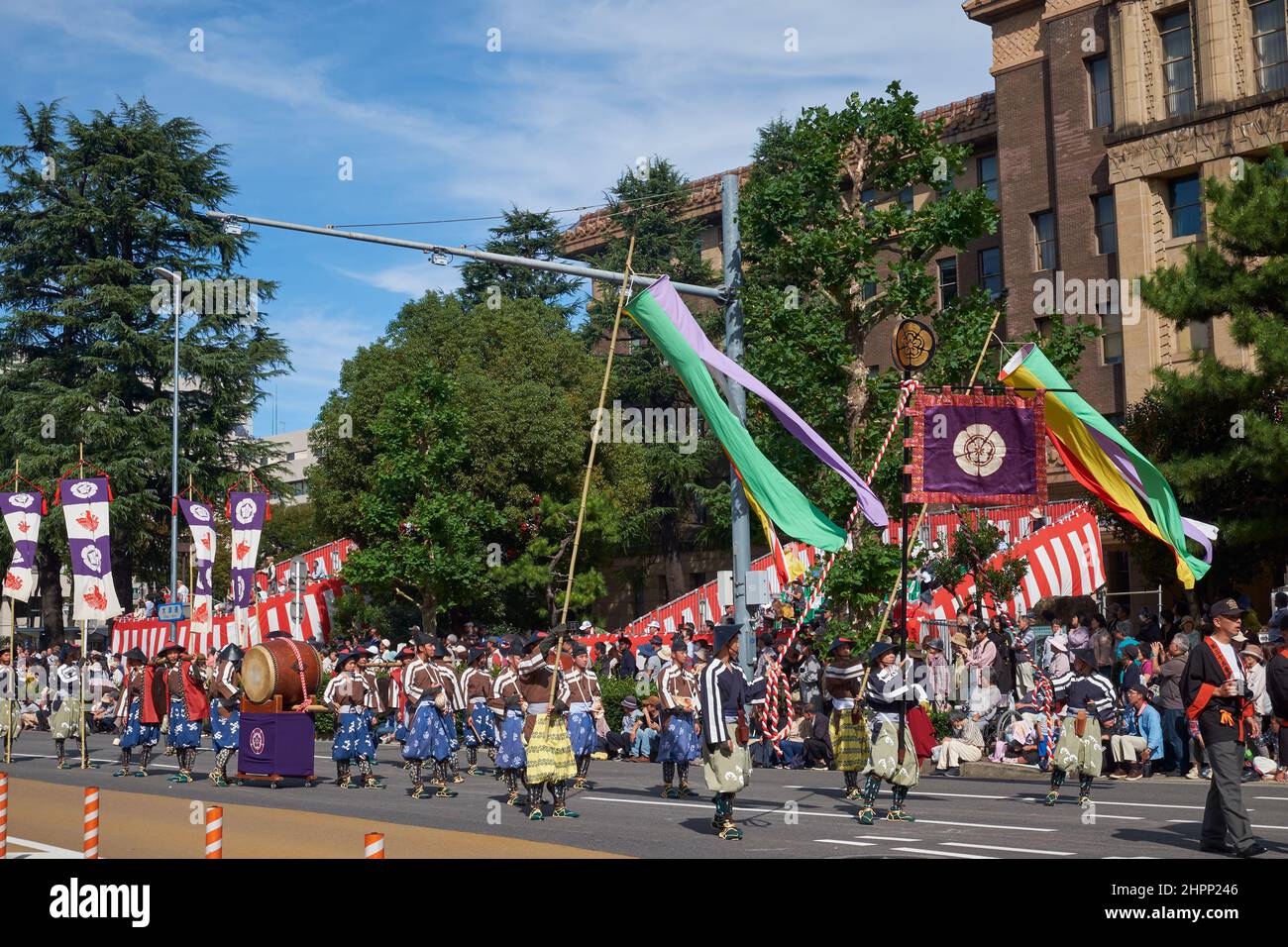 Nagoya, Japan - October 20, 2019: The participants in the historical costumes with the coat of army of Oda Nobunaga at the procession of Three Feudal Stock Photo