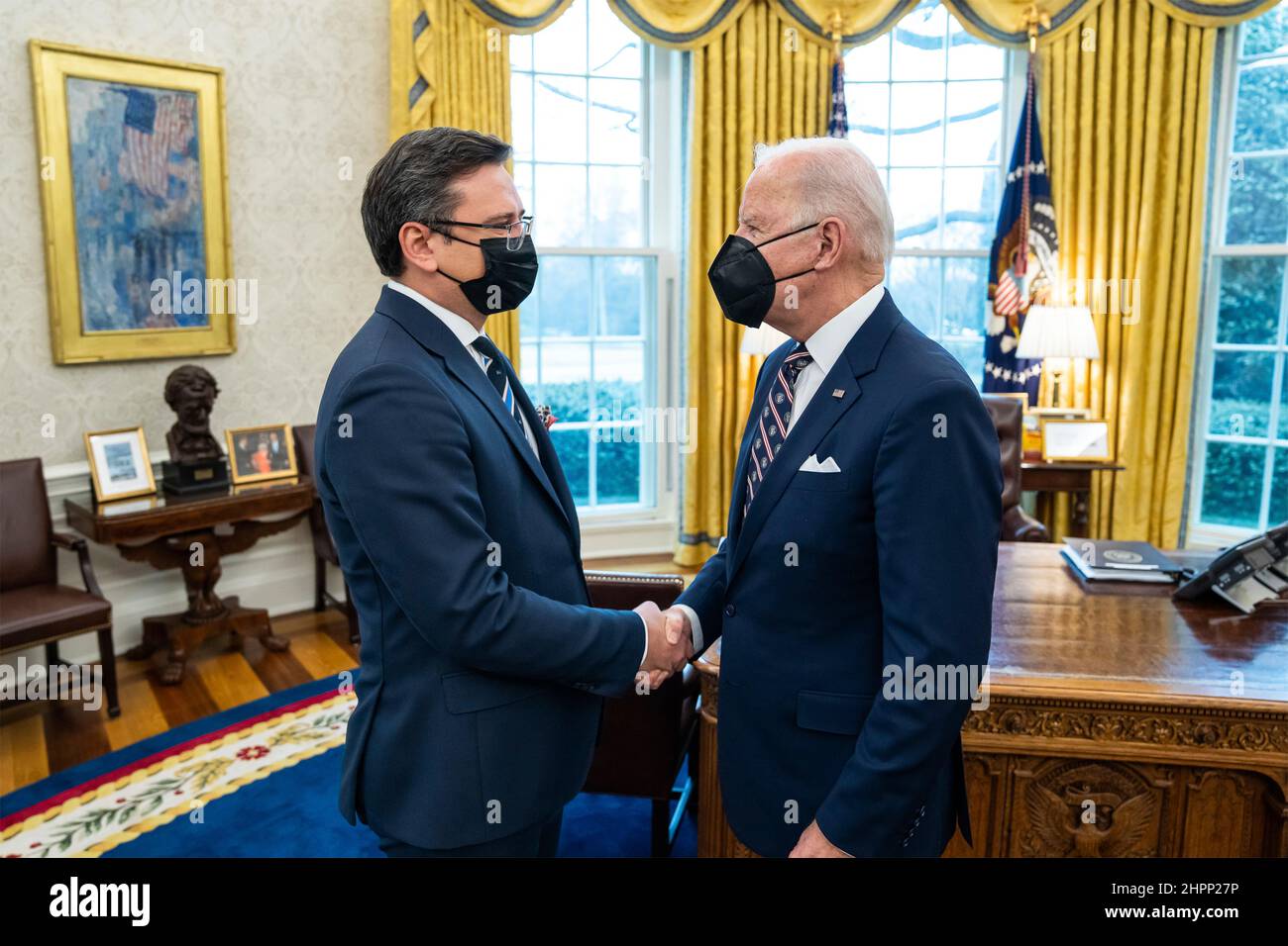 Washington, United States Of America. 22nd Feb, 2022. Washington, United States of America. 22 February, 2022. U.S President Joe Biden greets Ukrainian Foreign Minister Dmytro Kuleba before a bilateral meeting in the Oval Office of the White House, February 22, 2022 in Washington, DC The meeting follows the recognition of separatist regions of Eastern Ukraine by Russian President Vladimir Putin in violation of international law. Credit: Adam Schultz/White House Photo/Alamy Live News Stock Photo