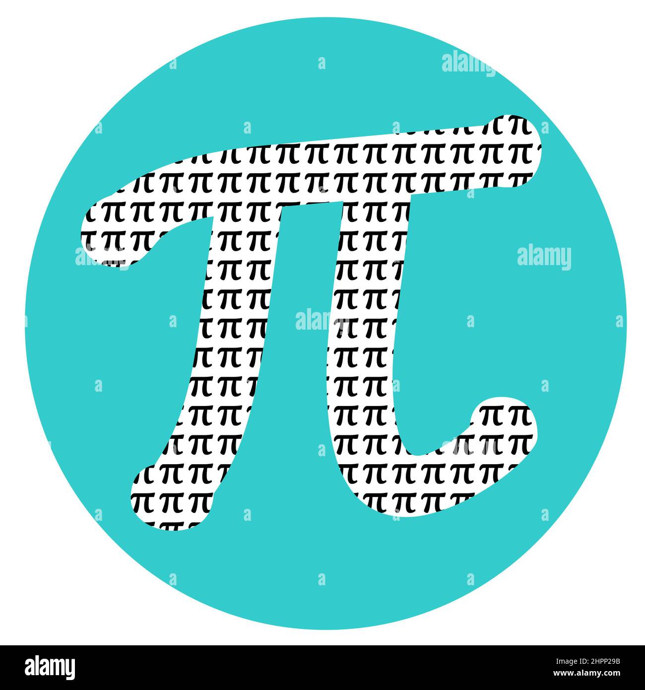 Pi symbol decorated with small pi signs inside an aqua turquoise circle, cut out isolated on white for fun STEM holiday Pi day March 14 since pi equal Stock Photo