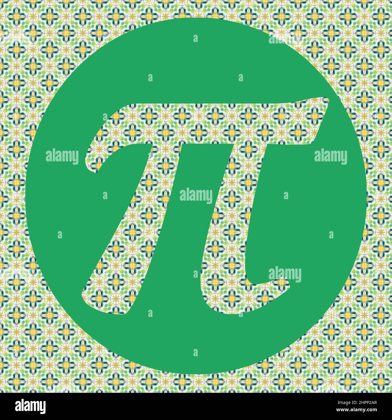 Pi day holiday Greek letter pi inside a green circle with pretty yellow and green pattern. March 14 is Pi day since pi equals 3.14 π is the ratio of t Stock Photo