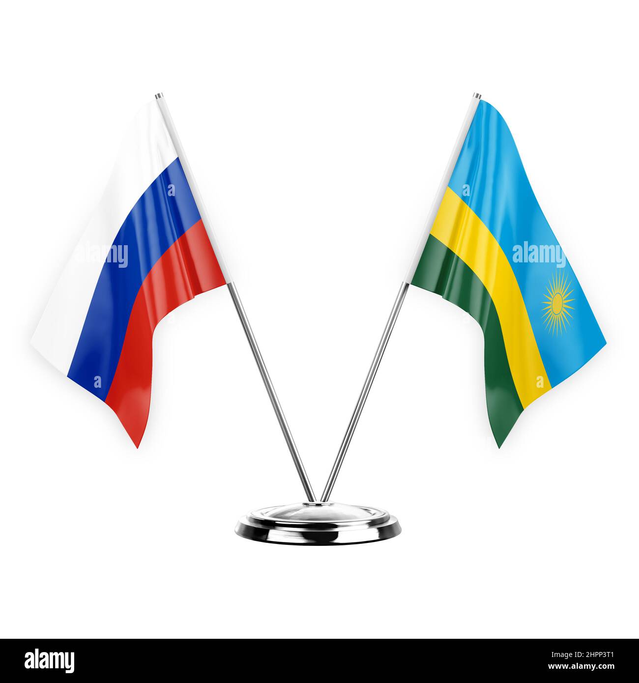 Two table flags isolated on white background 3d illustration, russia and rwanda Stock Photo